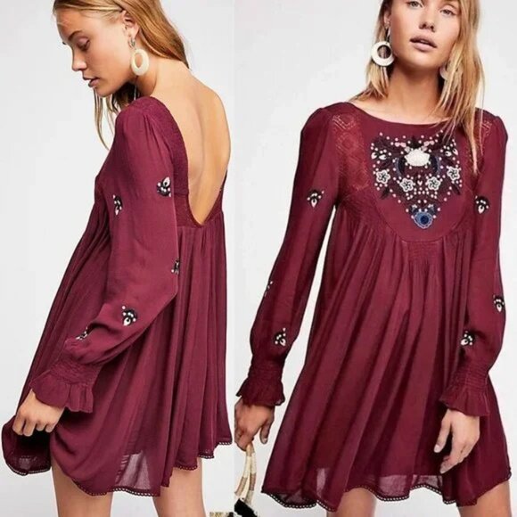 Free People Mohave Embroidered Daytime Mini Dress Babydoll Plum Burgundy M $148 - Picture 2 of 16